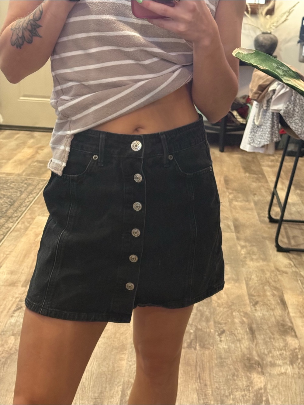 American Eagle Outfitters Black Button-Front Mini Skirt with Silver Buttons